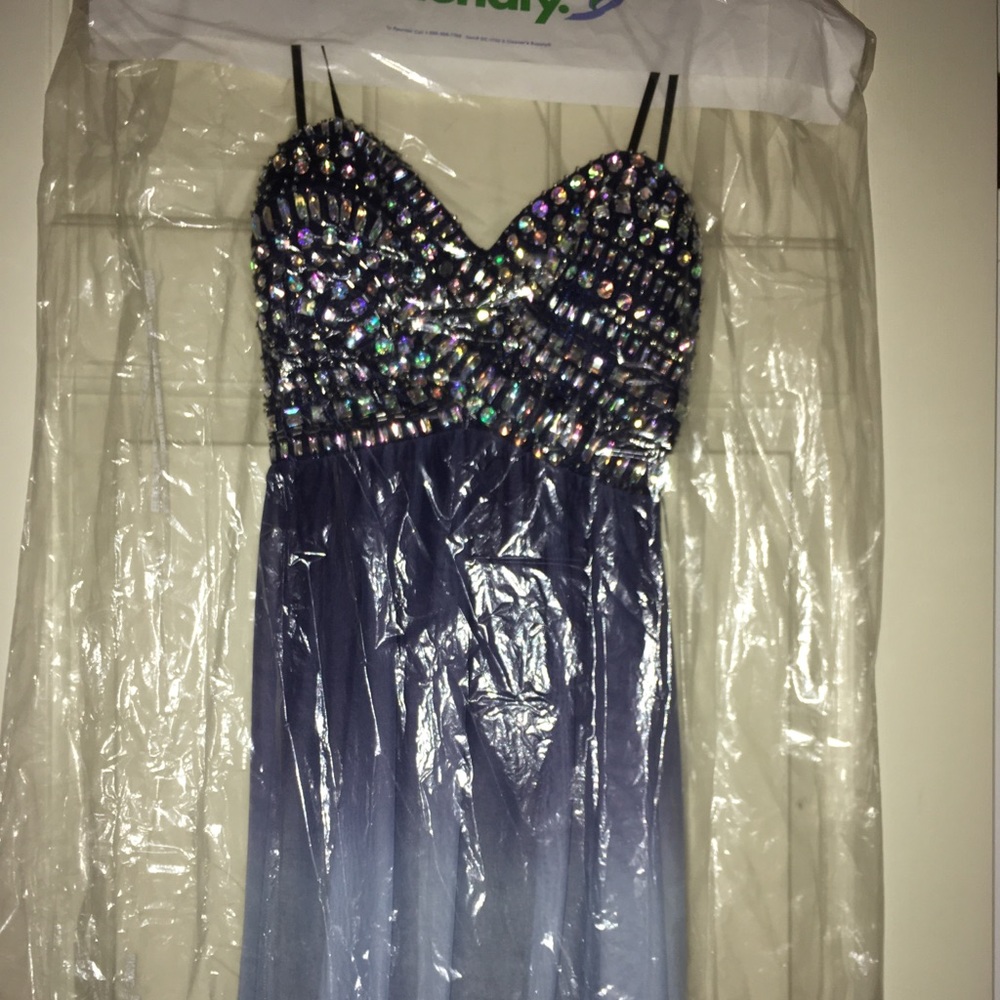 navy blue beaded strapless formal dress